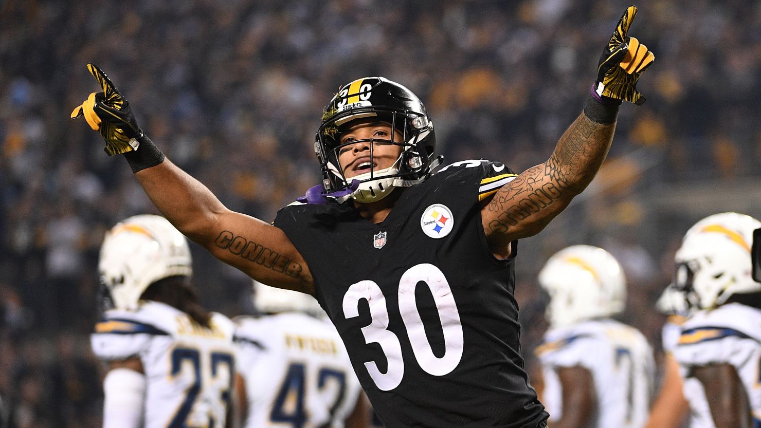 James Conner celebrates after scoring against the Los Angeles Chargers on December 2, 2018, in Pittsburgh.