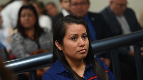 Evelyn Hernandez appears before Ciudad Delgados court, San Salvador, on July 15, 2019. 