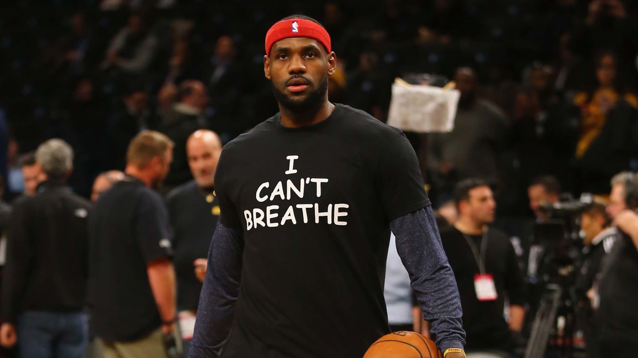LeBron James of the Cleveland Cavaliers wears an "I Can't Breathe" shirt during warmups before his game against the Brooklyn Nets at the Barclays Center on December 8, 2014, in New York City. 