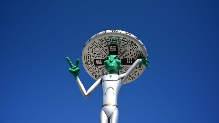 An Alien sculpture lines the side of the road in the town of Baker, California, also known as the 'Gateway to Area 51' on March 4, 2019.