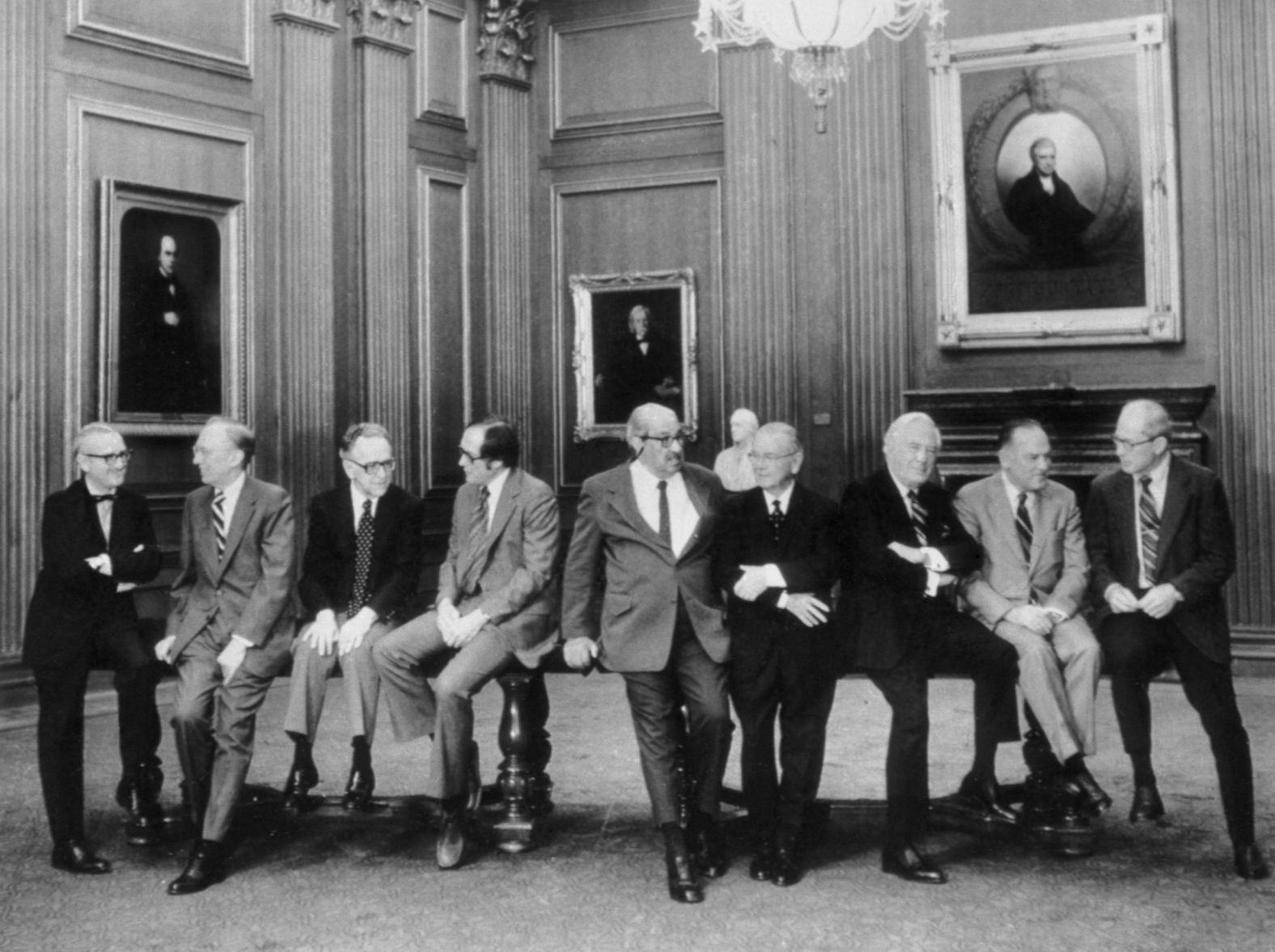 The US Supreme Court poses in 1977 for what is believed to be the first casual portrait of the entire court. Left to right: Associate Justices Stevens, Lewis Powell, Henry Blackburn, William Rehnquist, Thurgood Marshall and William Brennan; Chief Justice Warren Burger; and Associate Justices Potter Stewart and Byron White. 