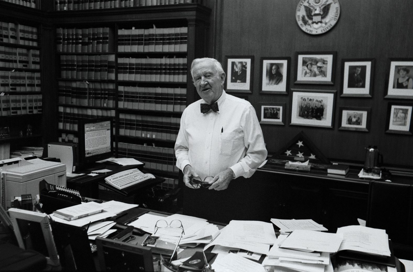Stevens poses for a portrait in his chambers at the Supreme Court on June 17, 2002.