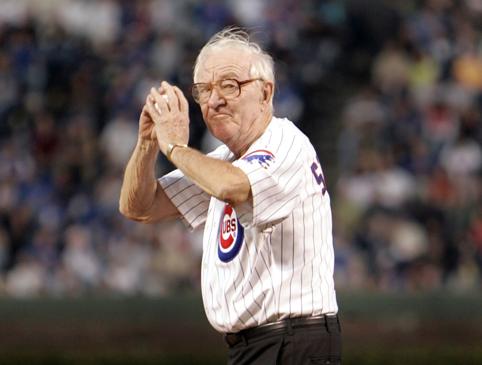 Stevens winds up to throw out the first pitch before the start of the Chicago Cubs game against the Cincinnati Reds at Wrigley Field in Chicago on September 14, 2005. Stevens rooted for the Chicago Cubs his whole life. 