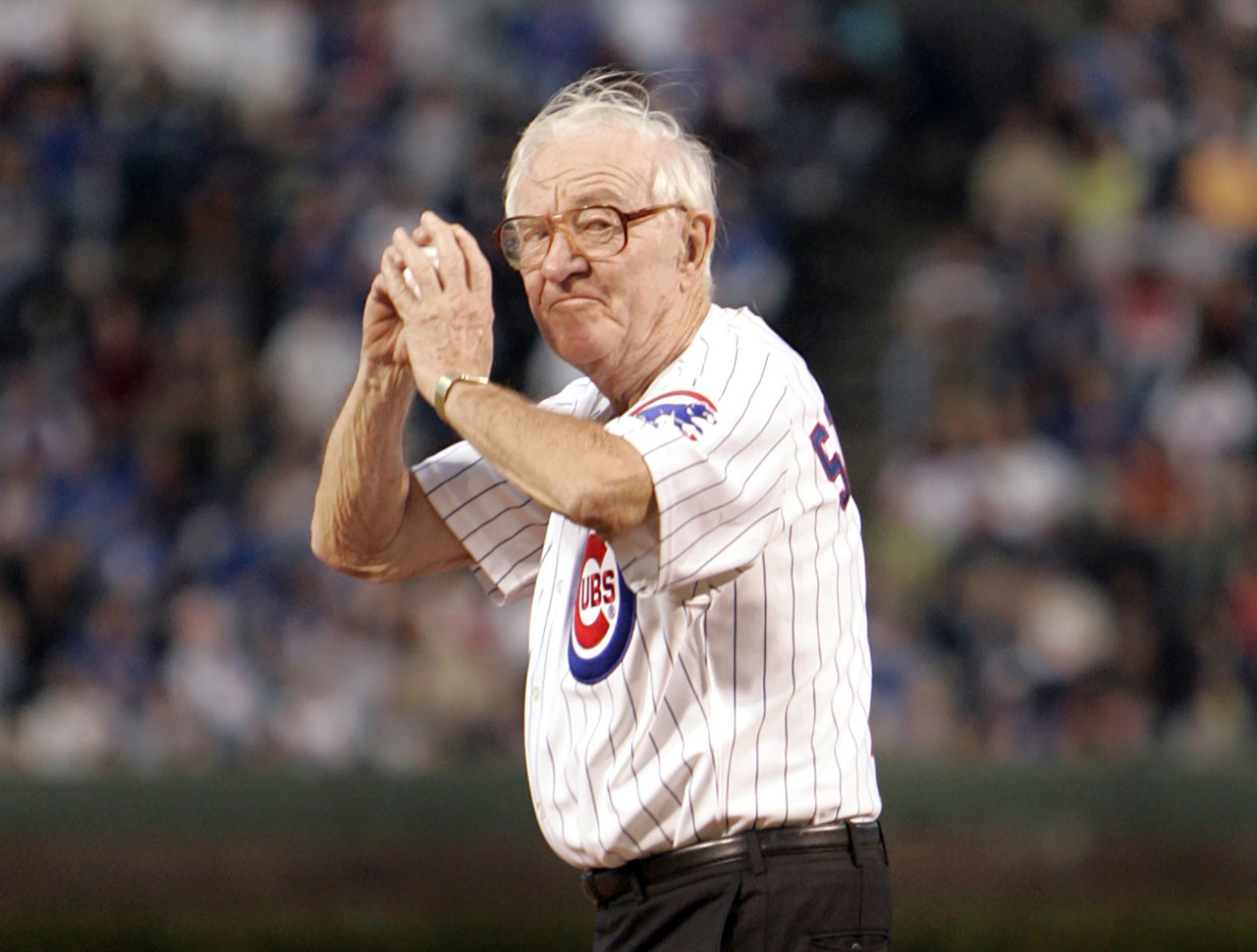 Stevens winds up to throw out the first pitch before the start of the Chicago Cubs game against the Cincinnati Reds at Wrigley Field in Chicago on September 14, 2005. Stevens rooted for the Chicago Cubs his whole life.