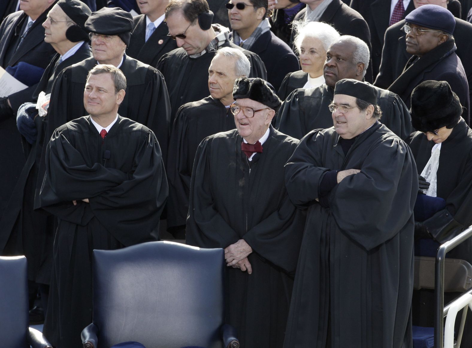 From left, Supreme Court Chief Justice John Roberts, Stevens and Justice Antonin Scalia are seen during President Barack Obama's inauguration on January 20, 2009.