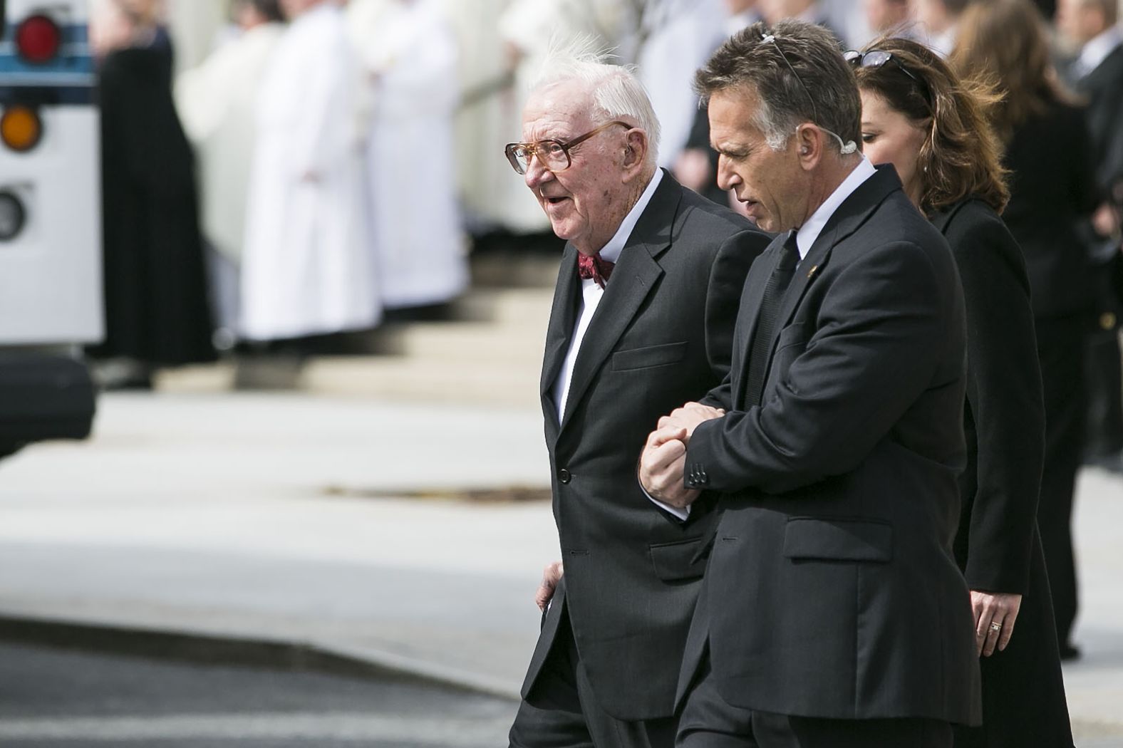 Stevens departs from the funeral for fellow Justice Antonin Scalia at the Basilica of the National Shrine of the Immaculate Conception in Washington on February 20, 2016.
