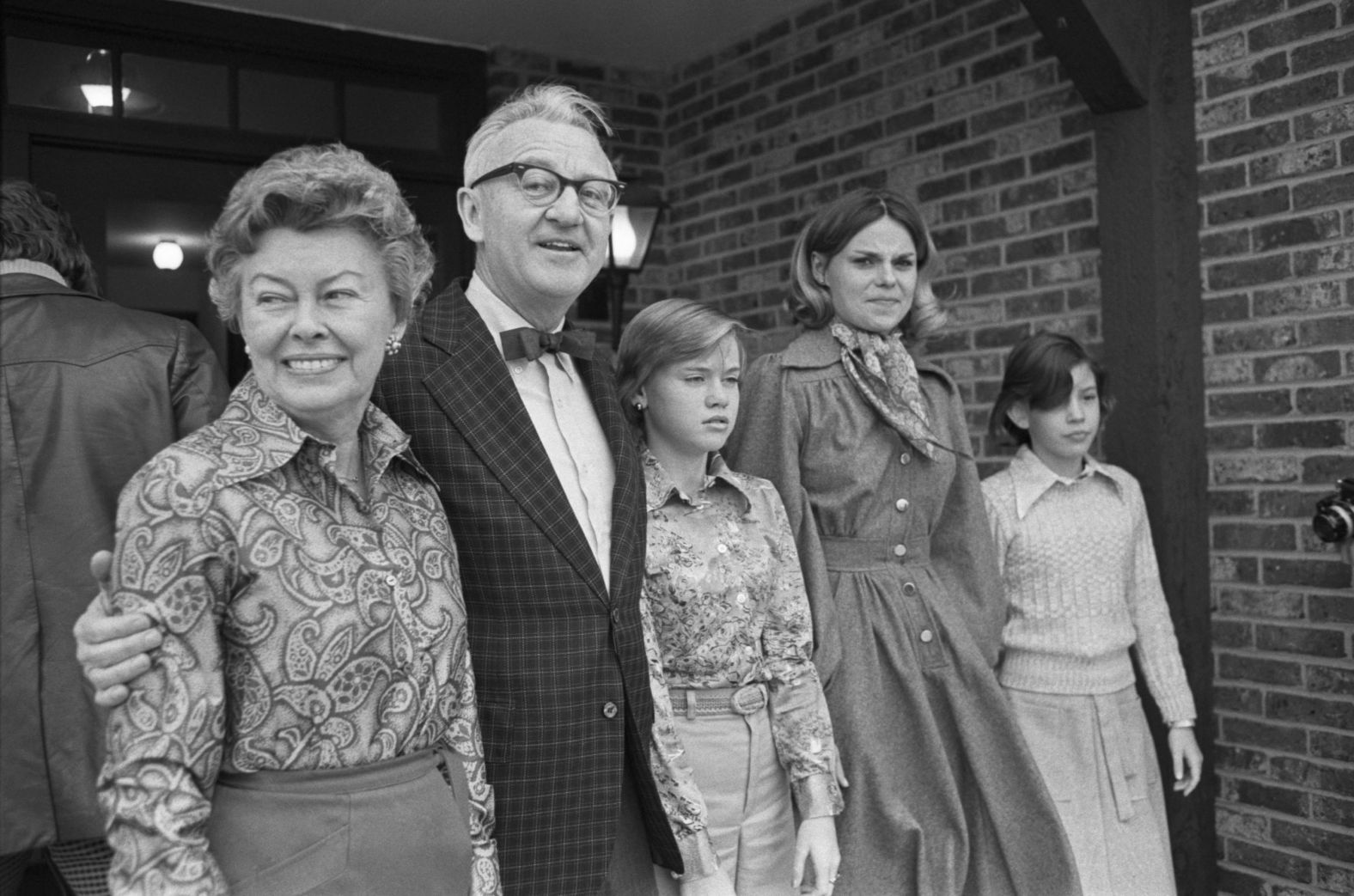 Stevens introduces members of his family in 1975 outside their home in Burr Ridge, Illinois. From left are wife, Elizabeth Stevens, Judge Stevens, and their daughters, Elizabeth Stevens, 14; Kathryn Stevens Jedlicka, 25; and Susan Stevens, 12. Stevens also has a son John, 26, living in Arizona.