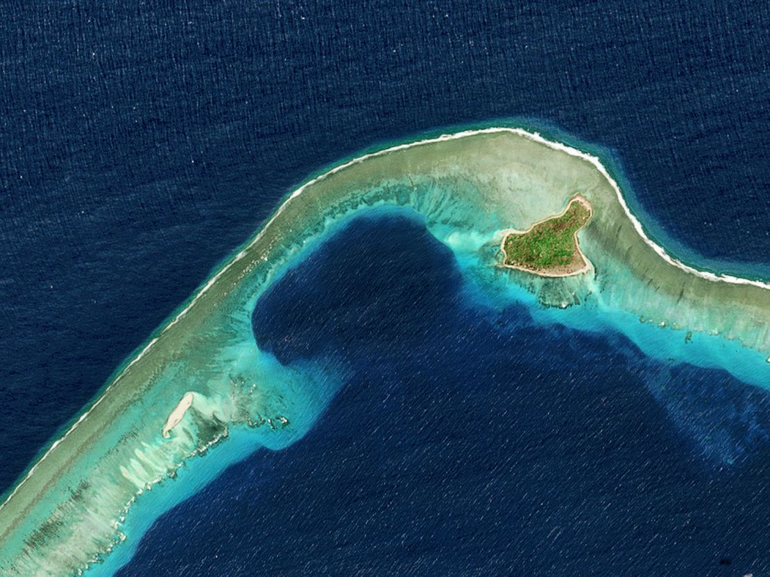 Satellite image of Castle Bravo Crater in Bikini Atoll, part of the Marshall Islands in the Pacific Ocean on March 9, 2017. 