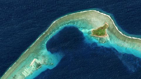Satellite image of Castle Bravo Crater in Bikini Atoll, part of the Marshall Islands in the Pacific Ocean on March 9, 2017. 