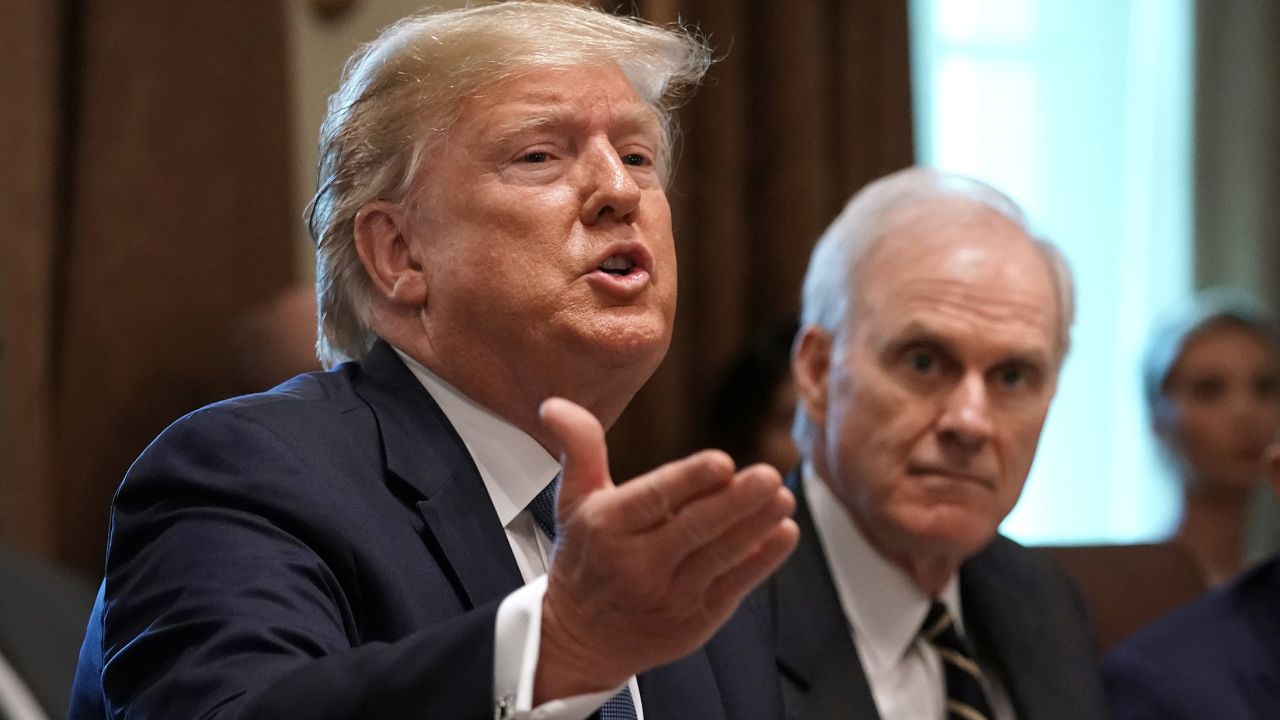 WASHINGTON, DC - JULY 16: U.S. President Donald Trump (L) talks with journalists during a cabinet meeting with acting Defense Secretary Richard Spencer, Commerce Secretary Wilbur Ross (R) and others at the White House July 16, 2019 in Washington, DC. Trump and members of his administration addressed a wide variety of subjects, including Iran, opportunity zones, drug prices, HIV/AIDS, immigration and other subjects for more than an hour. (Photo by Chip Somodevilla/Getty Images)