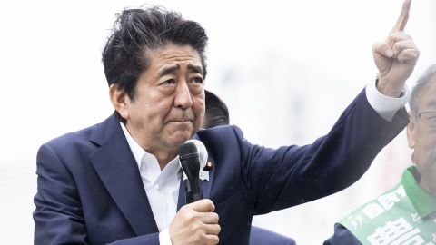Japan's Prime Minister and ruling Liberal Democratic Party (LDP) President Shinzo Abe makes a speech during an election campaign rally on July 7, 2019 in Chiba, Japan.