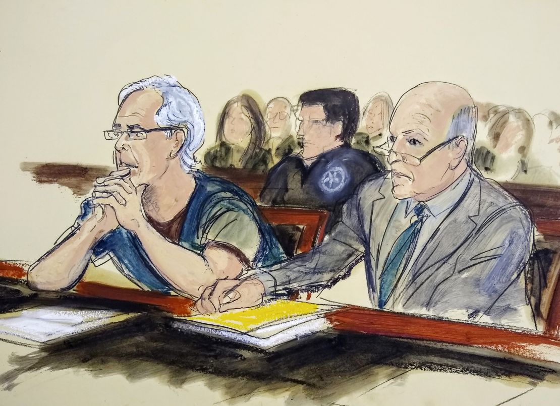 Jeffrey Epstein, left, and his attorney Martin Weinberg listen during a bail hearing in federal court on July 15 in New York.