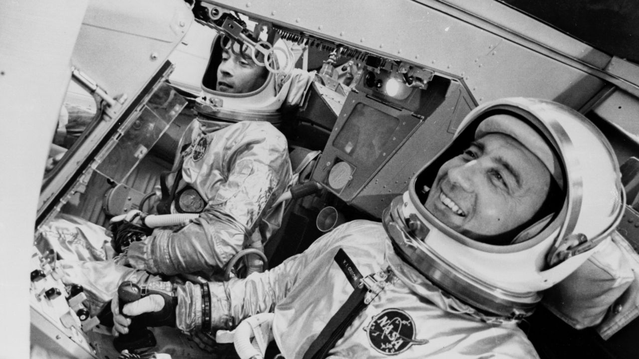 Gemini 3 took astronauts John Young and Gus Grissom -- and a contraband corned beef sandwich on rye -- into space in 1965. Young bought the deli sandwich in Cocoa Beach, Florida, and hid it in his spacesuit so at mealtime he could surprise his commander with it. However, when crumbs started floating around the cabin, the sandwich was put away, never to be spoken of again. That is, until the incident had to be investigated at a House of Representatives Appropriations Committee back on Earth. Shown is Young (left) and Grissom (right) in the spacecraft simulator. 