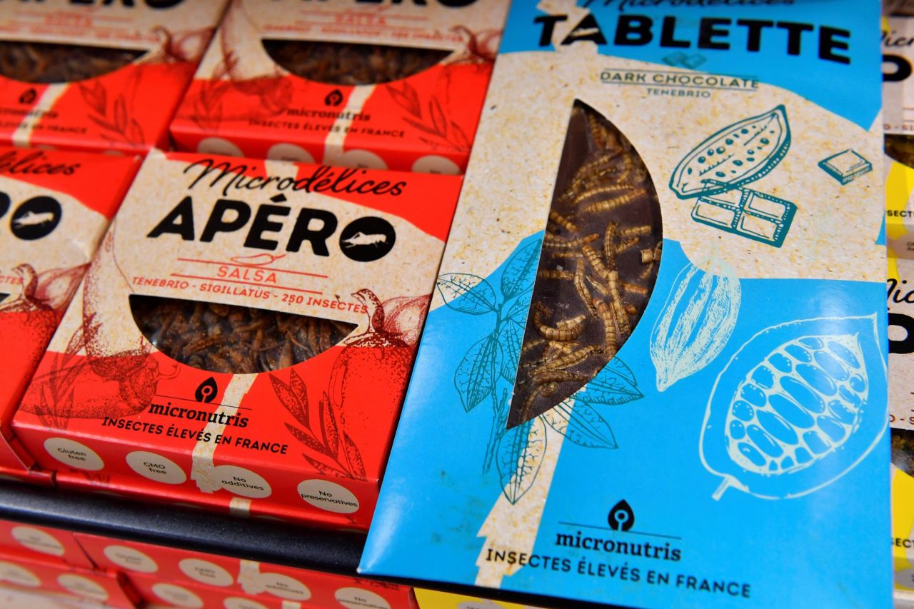 Mixed bugs for aperitives and chocolate bars with insects are sold in supermarkets in France. 