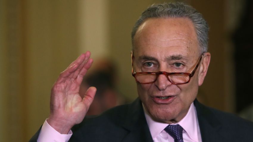 WASHINGTON, DC - MAY 07: Senate Minority Leader Charles Schumer (D-NY) speaks to the media after attending the Democratic weekly policy luncheon on Capitol Hill May 7, 2019 in Washington, DC. Earlier in the day Senate Majority Leader Mitch McConnell (R-KY) spoke on the Senate floor about the Mueller investigation into Russian meddling into the 2016 U.S. election and stated "case closed". (Photo by Mark Wilson/Getty Images)