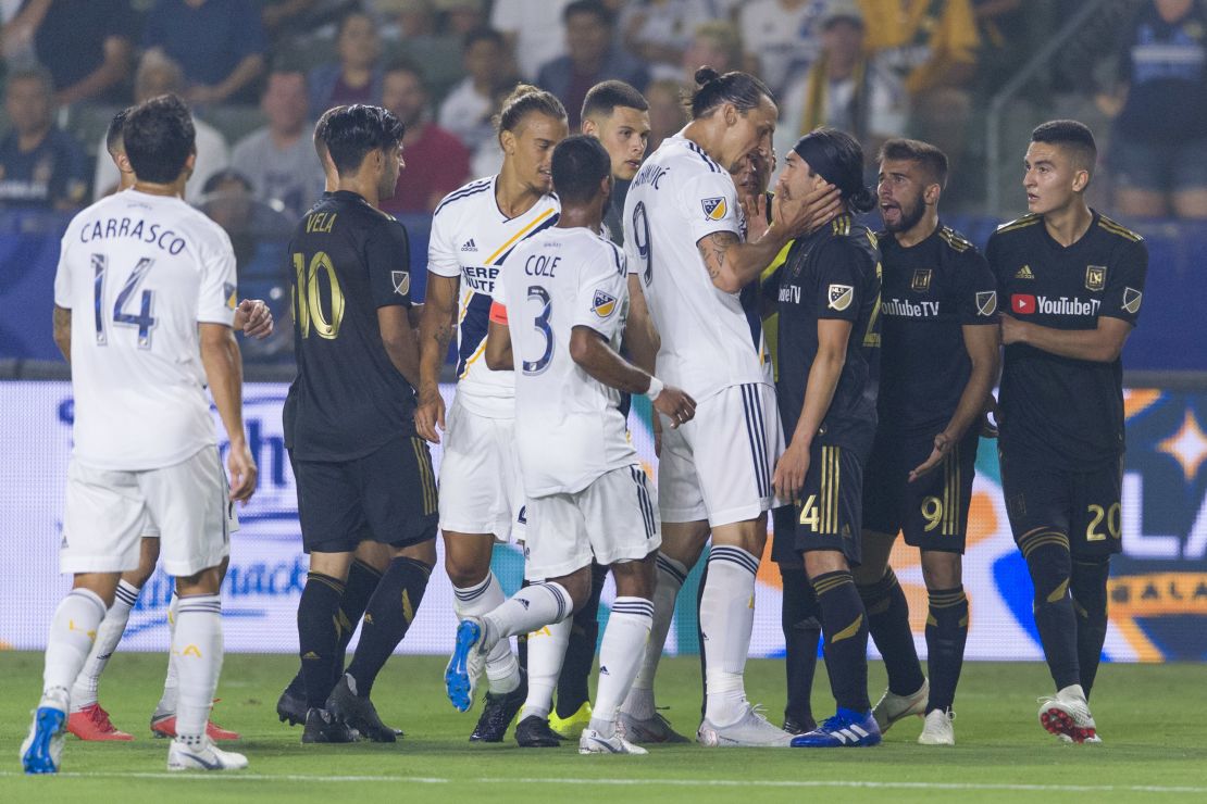 Things got heated with Los Angeles Galaxy forward Zlatan Ibrahimovic (9) and Los Angeles FC midfielder Lee Nguyen (24) back on August 24, 2018.