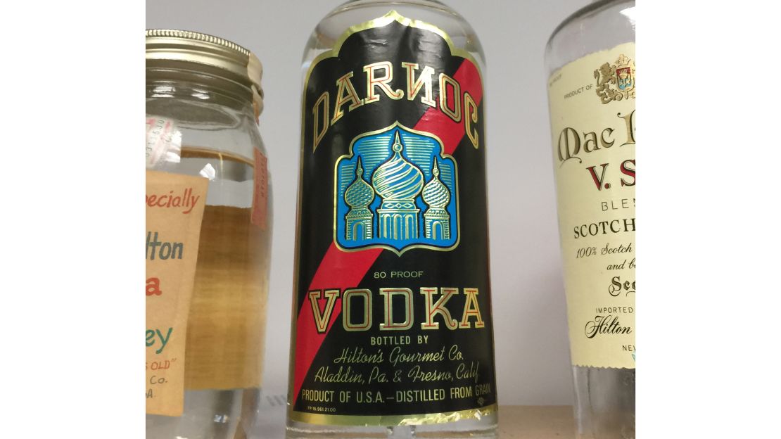 Vintage bottles of Darnoc vodka.