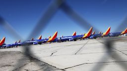 VICTORVILLE, CA - MARCH 27:  Southwest Airlines Boeing 737 MAX aircraft are parked at Southern California Logistics Airport on March 27, 2019 in Victorville, California. Southwest Airlines is waiting out a global grounding of the aircraft at the airport.  (Photo by Mario Tama/Getty Images)