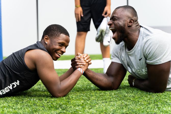 A number of British NFL stars were in attendance to inspire the young hopefuls, including Carolina Panthers' defensive end Efe Obada (right).