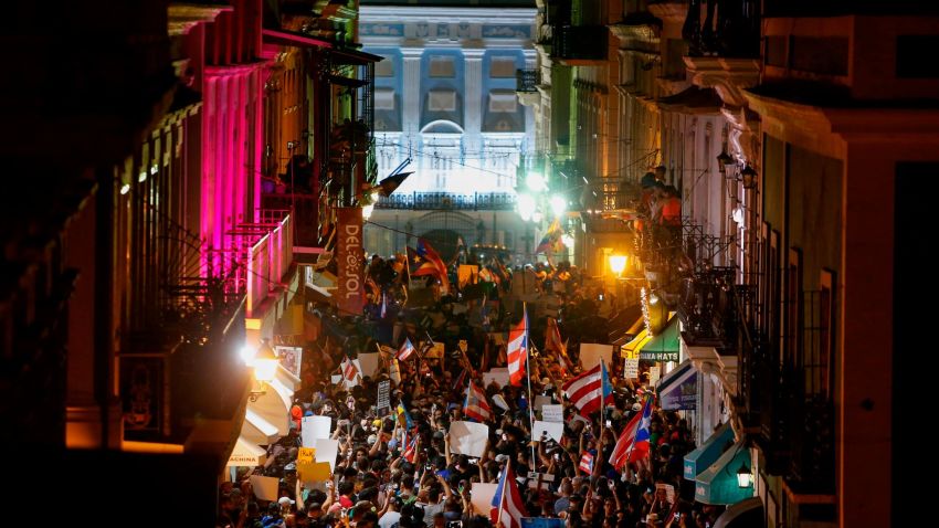 OLD SAN JUAN, PUERTO RICO - JULY 17:  For the fifth day thousands of demonstrators protest against Ricardo Rossello, the Governor of Puerto Rico in front of the Governor's mansion on July 17, 2019 in Old San Juan, Puerto Rico.  They are calling on Rossello to step down after a group chat was exposed that included misogynistic and homophobic comments. (Photo by Jose Jimenez/Getty Images)