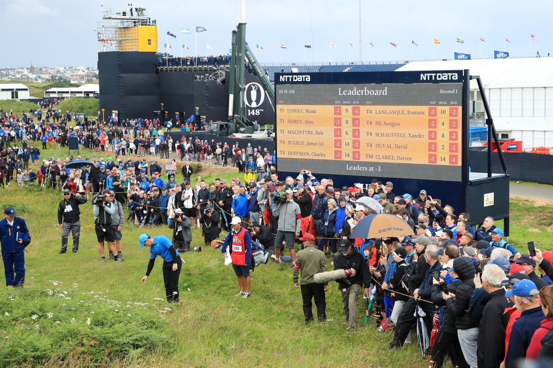 Rory McIlroy takes a penalty drop on the first hole during the 148th Open Championship.