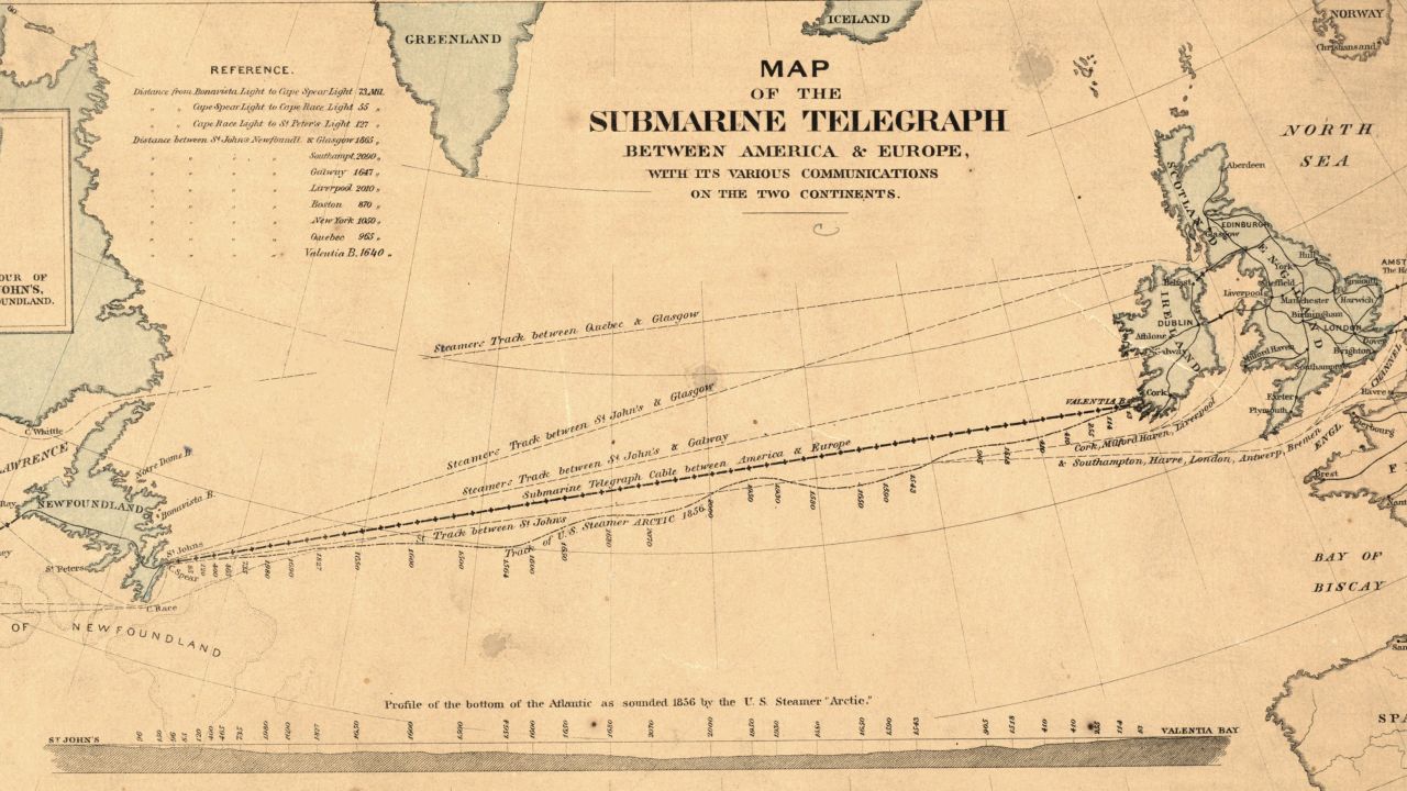 A map showing the first telegraph cable laid across the Atlantic between the US and UK.