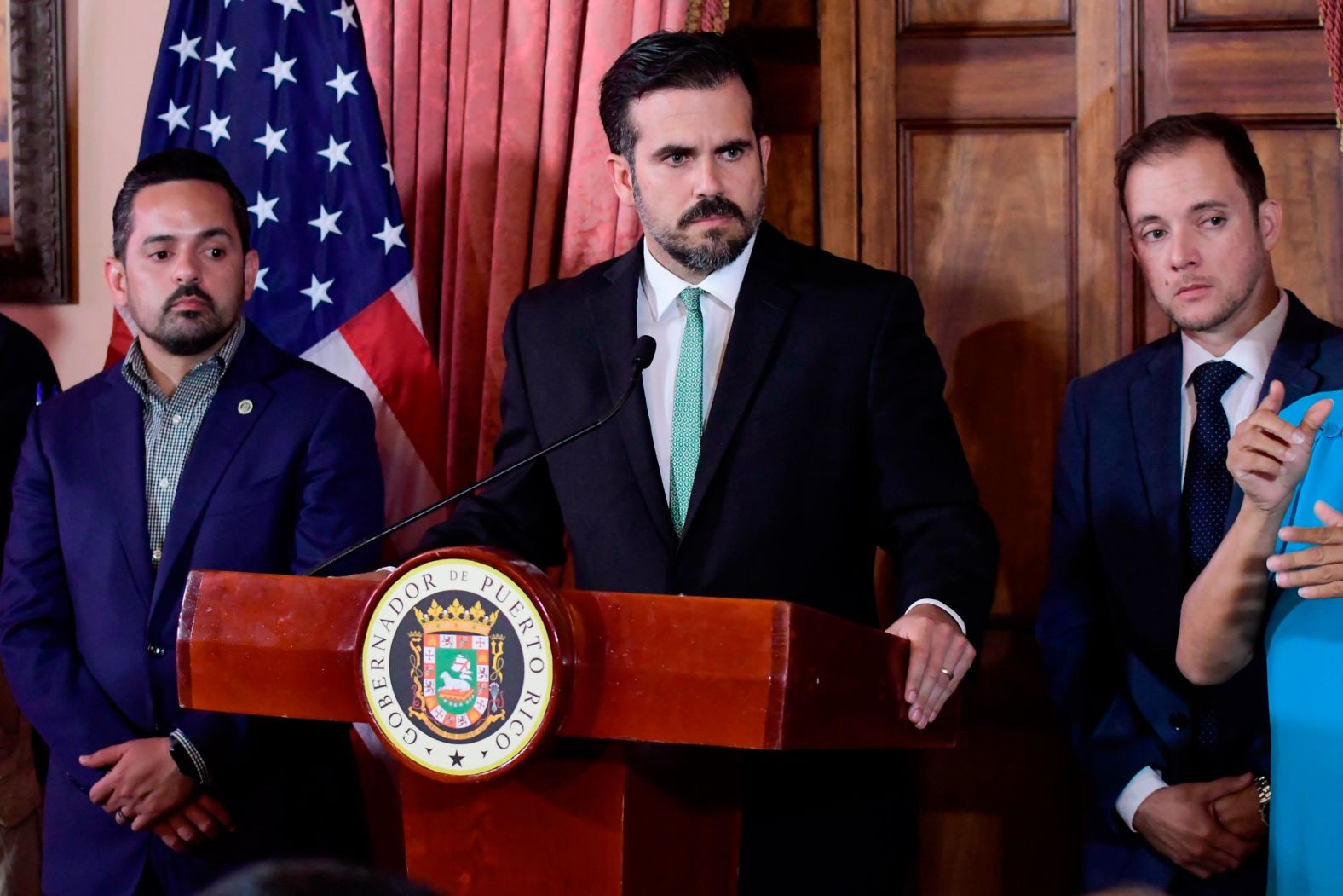 Rosselló attends a news conference in San Juan on July 16.