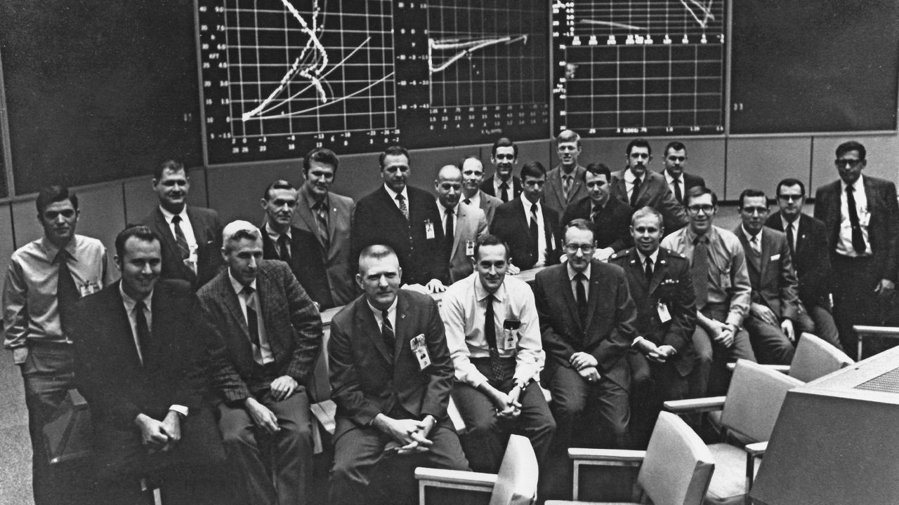Spencer Gardner, seen here in the first row and fourth from right, was one of the youngest men in the room during the Apollo 11 landing.
