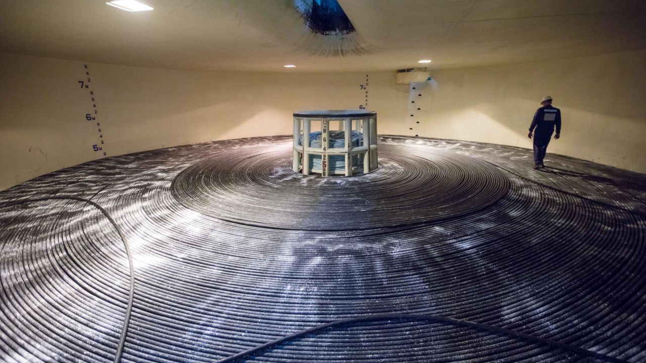 Part of the 6,600 kilometer (4,000 mile) Marea cable, funded by Microsoft and Facebook, aboard a cable-laying ship.