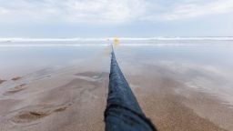 Part of the Marea cable, funded by Microsoft and Facebook, running out to the ocean. The cable runs across the Atlantic between Virginia, US and Bilbao, Spain. 