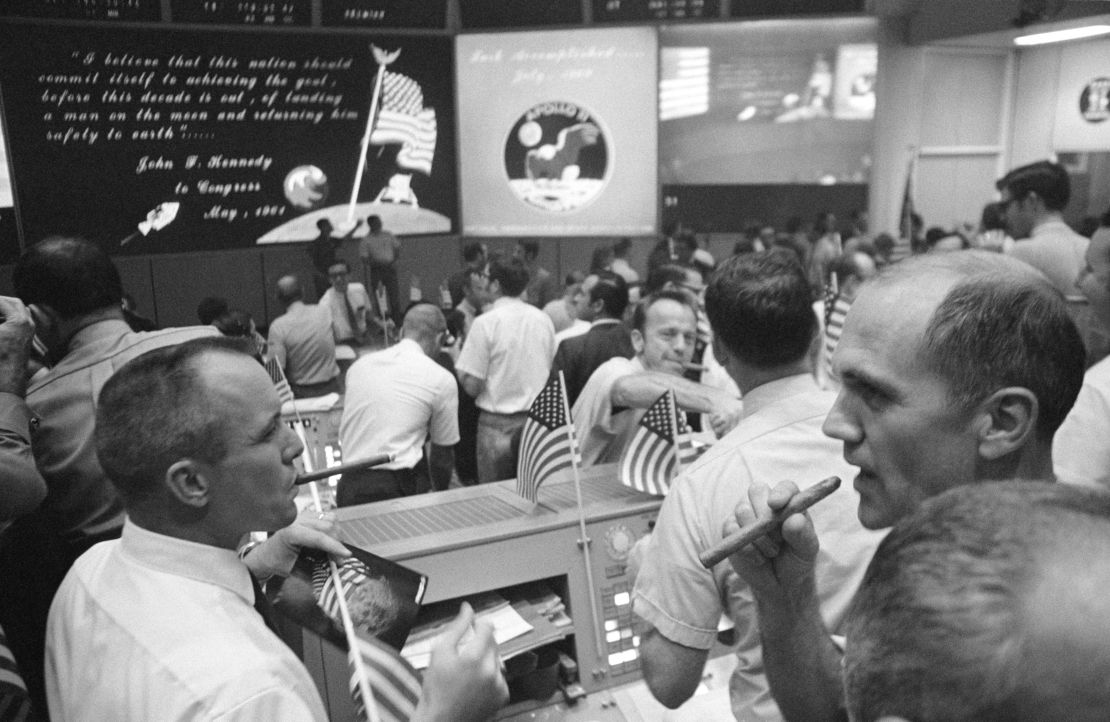 Apollo 11 Mission Control celebrates the splashdown.