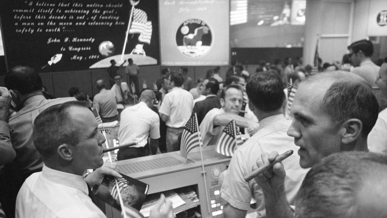 Apollo 11 Mission Control celebrates the splashdown.