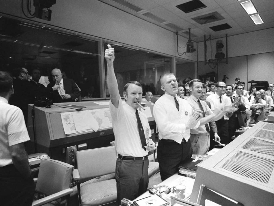 Flight directors worked together throughout the Apollo program. Here, Apollo 13 flight directors (left to right) Gerald D. Griffin, Eugene F. Kranz and Glynn S. Lunney celebrate a successful splashdown.