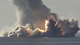 Russia test-launches an intercontinental ballistic missile from a nuclear submarine in the White Sea in May 2018.