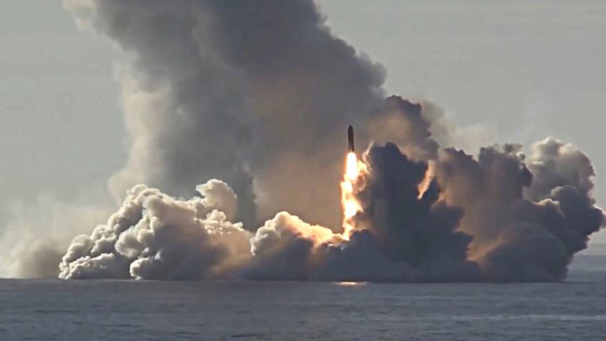 RUSSIA - MAY 23, 2018: Pictured in this screen grab is a Bulava missile launched by the Russian Navy Northern Fleet's Project 955 Borei nuclear missile cruiser submarine Yuri Dolgoruky from the White Sea in north-west Russia at the Kura testing grounds on Kamchatka Peninsula on Russia's Pacific coast during a military drill. Screen grab/Ministry of Defence of the Russian Federation/TASS (Photo by TASS\TASS via Getty Images)