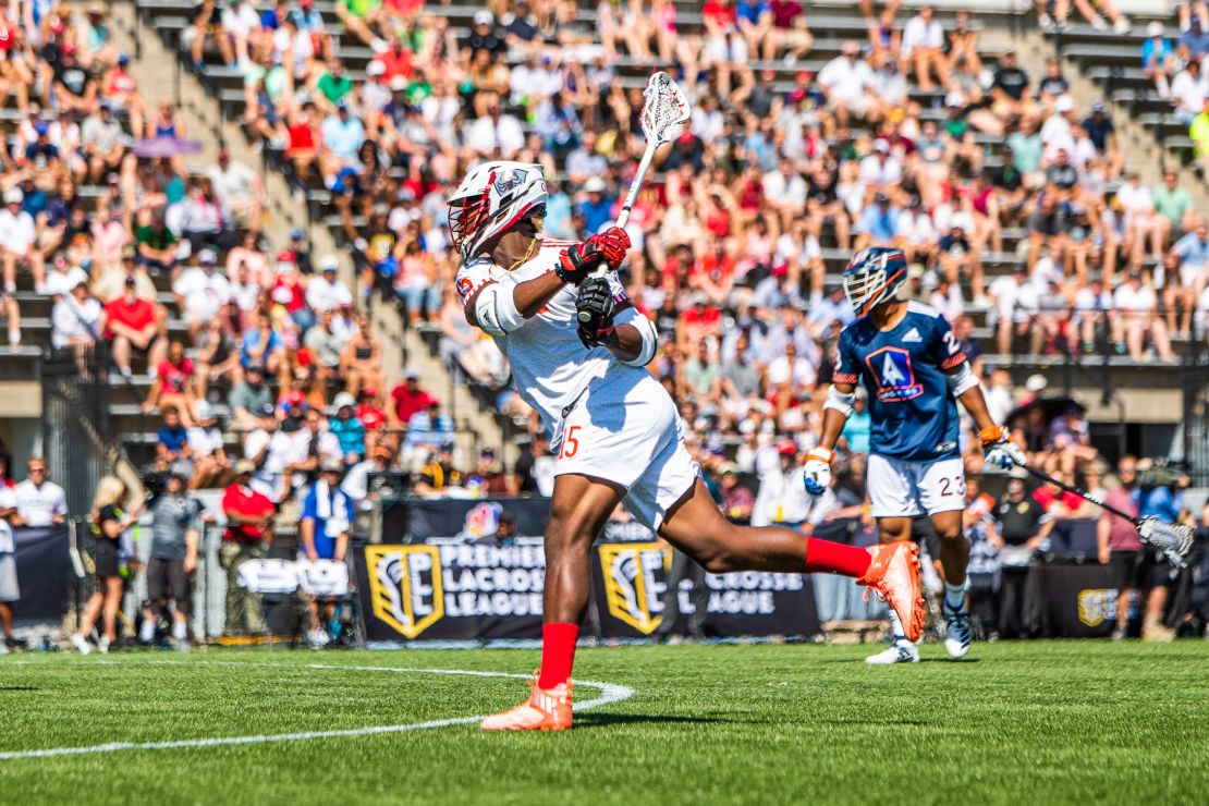 Premier Lacrosse League player Myles Jones takes a shot on goal. Jones plays for the Chaos, one of six PLL teams. 