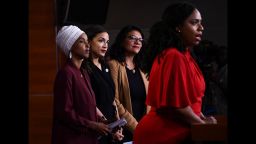 US Representatives Ayanna Pressley (D-MA) speaks as, Ilhan Abdullahi Omar (D-MN)(L), Rashida Tlaib (D-MI) (2R), and Alexandria Ocasio-Cortez (D-NY) hold a press conference, to address remarks made by US President Donald Trump earlier in the day, at the US Capitol in Washington, DC on July 15, 2019. - President Donald Trump stepped up his attacks on four progressive Democratic congresswomen, saying if they're not happy in the United States "they can leave." (Photo by Brendan Smialowski / AFP)        (Photo credit should read BRENDAN SMIALOWSKI/AFP/Getty Images)