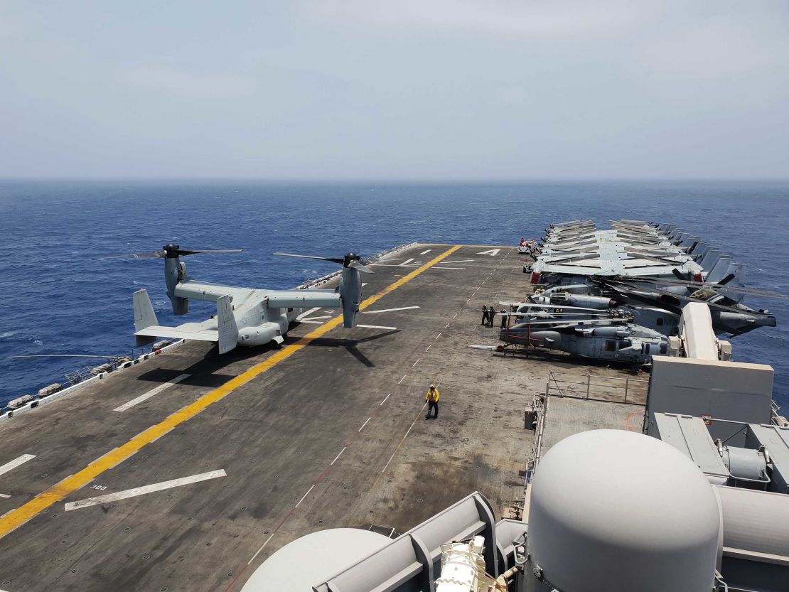 The USS Boxer's flight deck covers 2.2 acres. On the flight deck and inside its belly, the vessel carries the following aircraft: The Harrier, the Osprey, the Sea Hawk and the Sea Stallion.