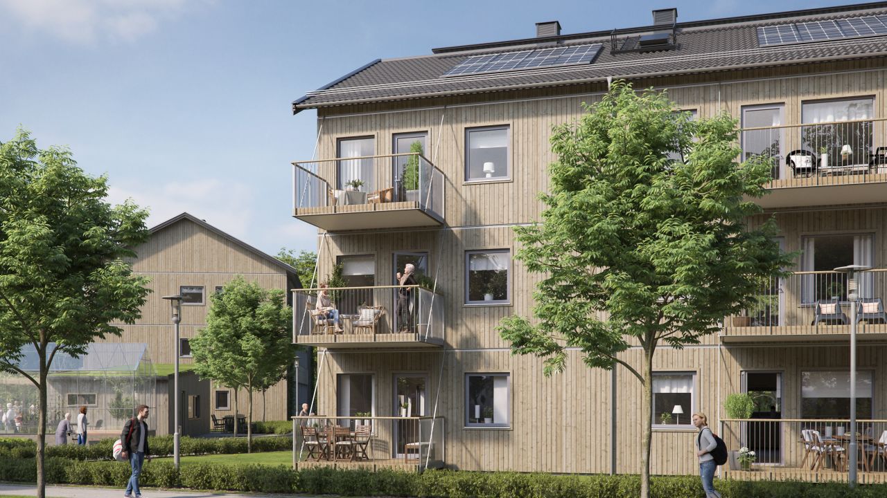 This rendering shows a BoKlok community designed for elderly residents.