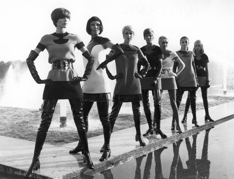 Pierre Cardin's two-tone jersey dresses, with vinyl waders, 1969. 
