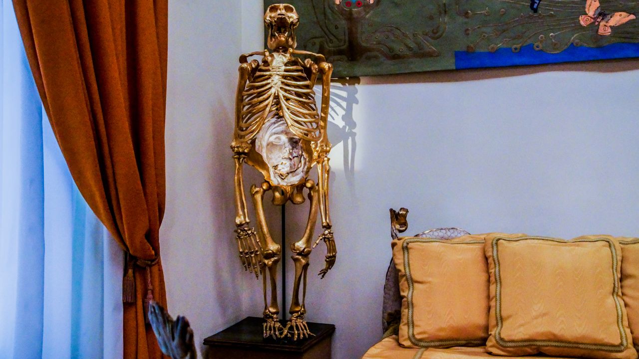 A gold-plated orangutan skeleton keeps watch over "The Palace of the Wind Room." 