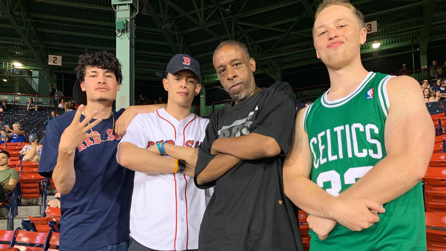 From left: Pedro Lugo, Francisco Rios, John and Sean Wetzonis at the Boston Red Sox game Tuesday.