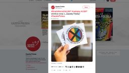 A picture tweeted out by a Polish newspaper Gazeta Polska, showing 'LGBT-free zone' stickers they are giving out to their readers.