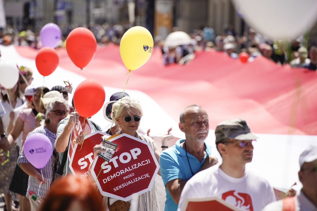 People walk through Warsaw as part of the annual anti-LGBT 'March for Life and Family.'