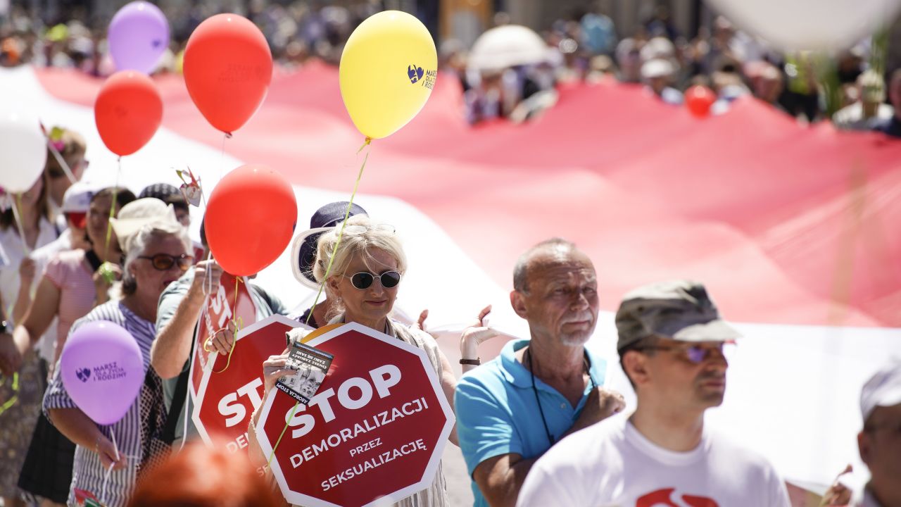People walk through Warsaw as part of the annual anti-LGBT 'March for Life and Family.'