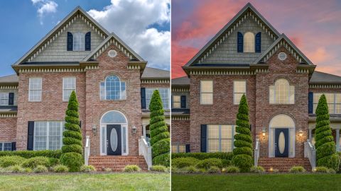 The photo on the left is the originial, the image on the right has been virtually staged with lush grass, lighting and twilight to pull more attention to the online listing.