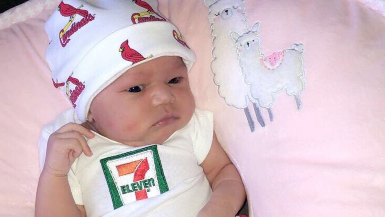 J'Aime Brown wears a 7-Eleven onsie to celebrate her viral birth story.