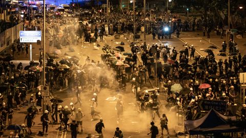 Police fire tear gas at protesters outside the Legislative Council Complex in the early hours of July 2, 2019 in Hong Kong.