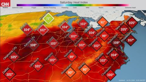 Heat index forecasts for Saturday, as of late morning.