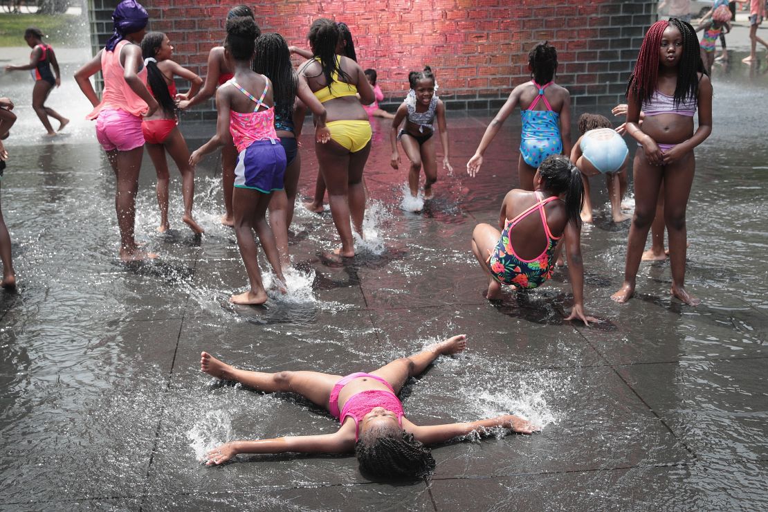 Children cool off in downtown Chicago during heat wave in July 2019.
